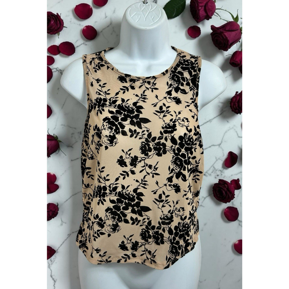 Shein Prive Flocked Velvet Mesh Top Sleeveless Top Sz XL Fitted Blouse Black Tan